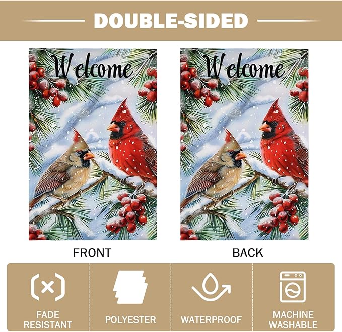 Winter Cardinal Garden FLag 12X18 IN Double Sided Welcome Winter Garden Flags for Xmas Holiday Farmhouse Yard Outside Decoration