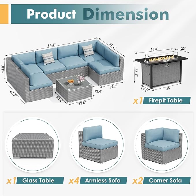 8 Pieces Outdoor Patio Furniture Set with 45” Propane Gas Firepit Table, Grey Wicker Patio Sectional Sofa Set, Outdoor Couch with Cushion and Tempered Glass Table, Sky Blue