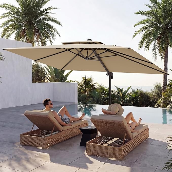 10x13 FT Patio Cantilever Umbrella (Base Not Included) (Base Not Included), Rectangular Heavy Duty Offset Umbrella for 8-10 People, 360°Rotation & Mult Tilt, Double Top Design, for Pool Garden Deck (Beige)
