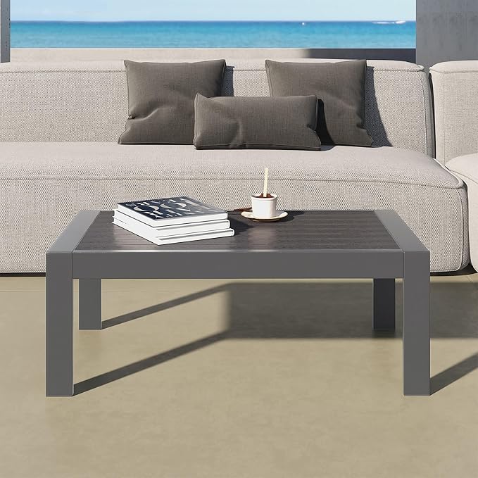FansaFurn All-Weather Aluminum Outdoor Coffee Table, Modern Rectangle Patio Coffee Table for Balcony Garden, Deep Grey