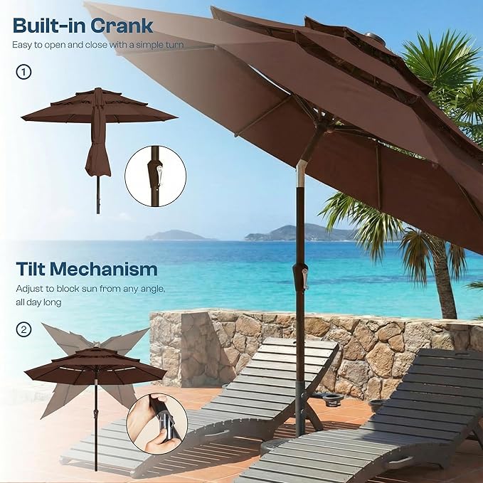 10ft Patio Umbrella, 3 Tier Outdoor Market Table Umbrellas with 8 Fiberglass Ribs and Push Button Tilt, Windproof, Vented Canopy, UV Protection for Deck, Pool, Backyard