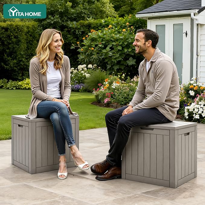 YITAHOME 30 Gallon Deck Boxes 2 Pack, Waterproof Outdoor Storage for Cushions, Tools & Pool Accessories, Resin Package Delivery for Patios, Gardens & Decks, Taupe