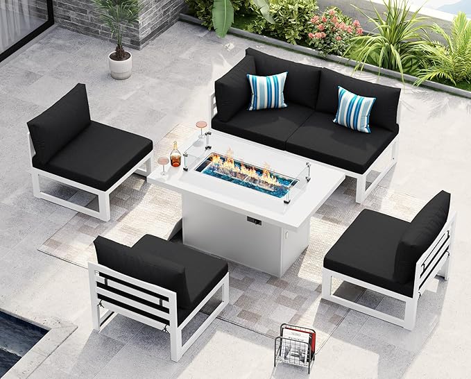 NICESOUL® 6 Piece Extra-Large White Aluminum Outdoor Patio Sectionals with Firepit Table Propane/Natural Gas, 29'' Deep Wide Seated Modular Sofa Conversation Set, 500lbs L Shaped Couches, Black