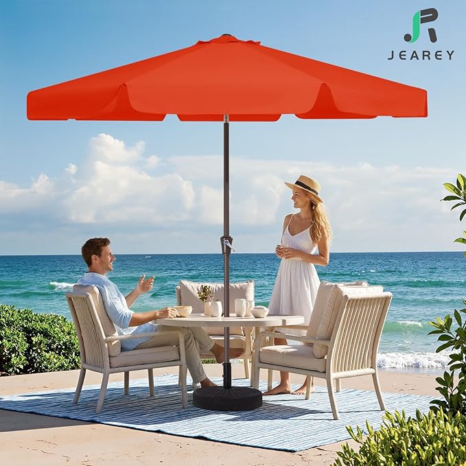 JEAREY 9 FT Patio Umbrella Outdoor, Table Umbrellas Market Umbrella w/Push Button Tilt/Crank, 8 Sturdy Ribs(Orange)