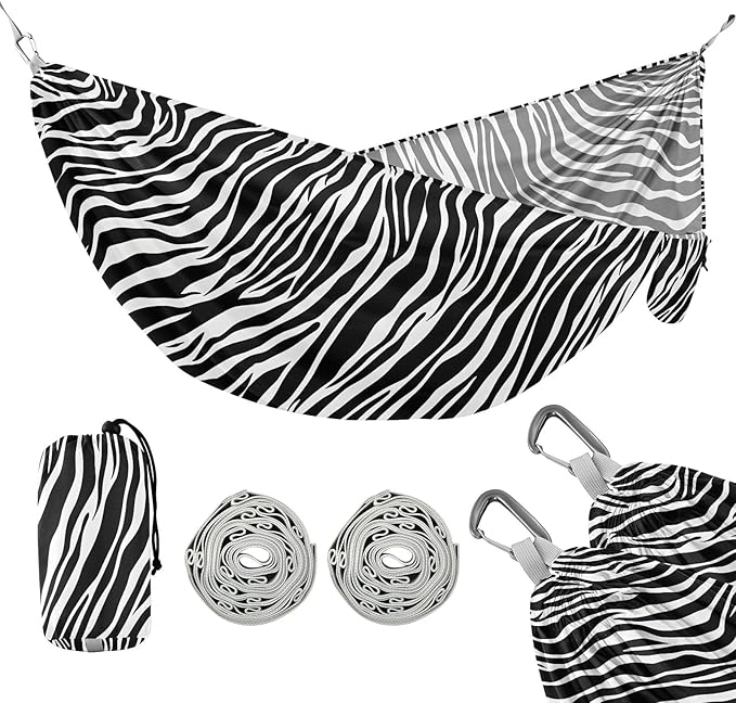 Camping Hammock Outdoor Hammocks for Outside White Black Zebra-Stripe Beach Trees Portable Lightweight with Pockets Tree Straps Indoor