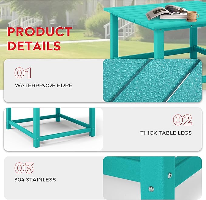 Costaelm Patio Conversation Set, Patio Chairs Set of 5 Balcony Firepit Furniture Outdoor Adirondack Square Table and Chair Backyard Furniture Set for Lawn Porch Pool Garden, Turquoise