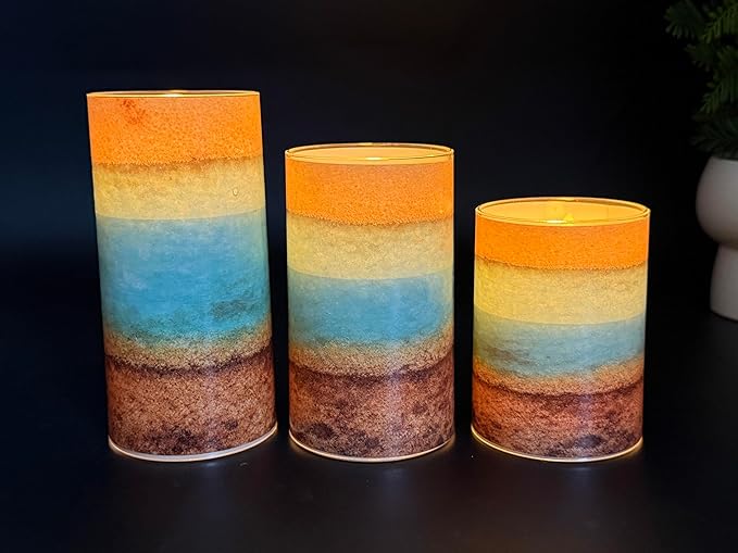 Tujoe 3 Pcs Summer Ocean Flameless Candles Teal Beach LED Battery Pillar Candles Set Battery Operated Coastal Nautical Decorations Flickering Gifts with Remote Decorations for Holiday