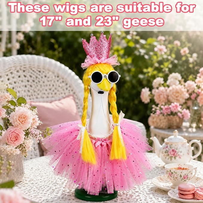 Porch Goose Fairy Outfit 4 Pieces Summer Porch Goose Outfit with Braided Yellow Wig Pink Tutu Skirt Fairy-Tale Princess Style Decor for Lawn Goose Statues