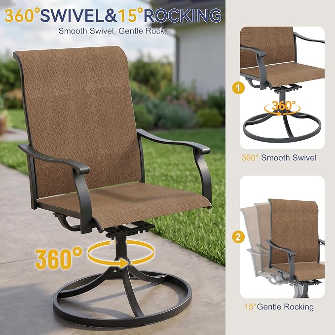Anmutig 7 Pieces Outdoor Patio Dining Set 6 Swivel Patio Dining Chairs Textilene & 1 Rectangle Outdoor Dining Table for Backyard Bistro Garden Outdoor Furniture Set Brown