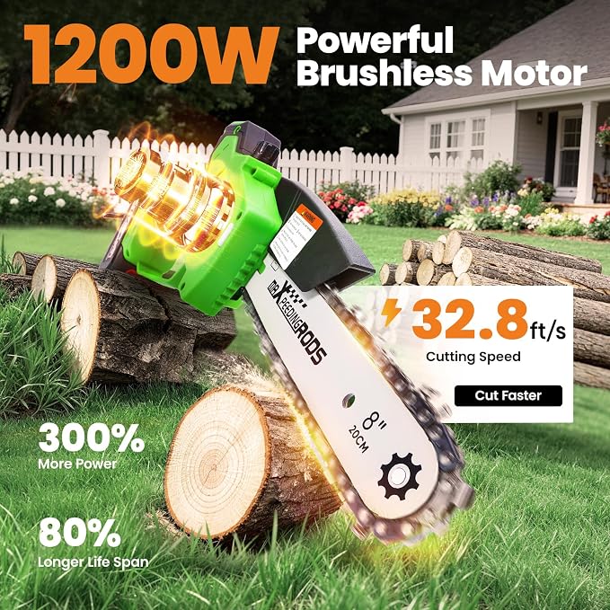 maXpeedingrods Electric Chainsaw Cordless, 8 Inch & 6 Inch Mini Chainsaw with 2x 3.0Ah Batteries, Brushless Auto Oiler & Tool-Free Tensioner, Handheld Portable Chainsaw for Wood Cutting Garden Gift