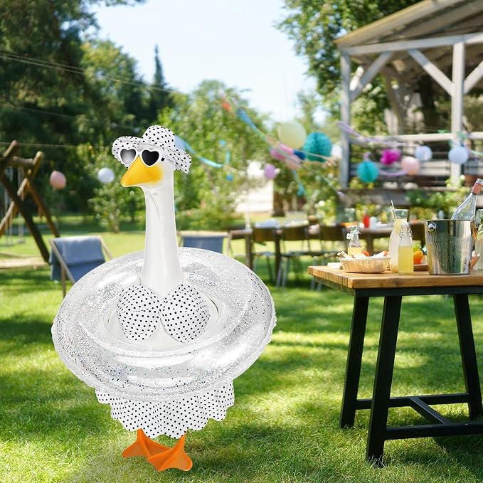 Hawaiian Porch Goose Outfits Summer Bikini Goose Outfit Fits 23" Goose Statue with Hat Sunglasses & Swimming Ring for Cement Yard Decor(White)