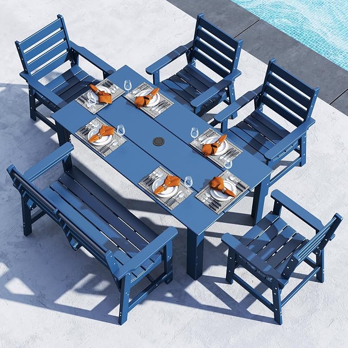 BRIOPAWS Outdoor-Dining-Table-Set | 6 Piece | HDPE | 1 Bench and 4 Chairs Sets for 6 | Patio Dinner Furniture | All Weather | Umbrella Hole | for Poolside Deck Backyard Outdoors | Blue