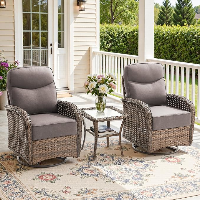 2-Piece Luxury Patio Conversation Set with 6-Inch Thick Cushions, High-Back Outdoor Swivel Rocking Chairs & Side Table, All-Weather Furniture Set for Porch, Deck, Balcony or Backyard – Grey