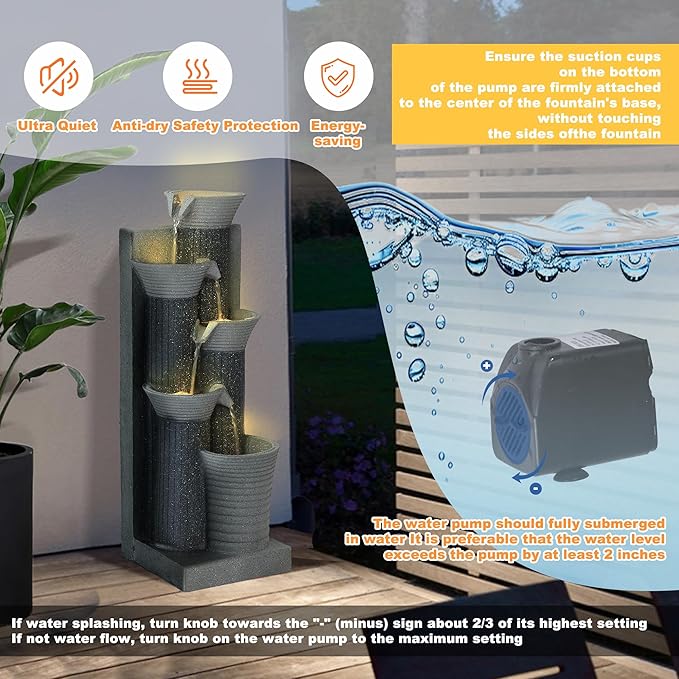 MAGIC UNION Outdoor Water Fountain, 5 Tiers Cascading Waterfall Indoor Water Feature Garden Decor with LED Lights, Patio Resin Fountains for Yard, Deck, Porch and Home, Bamboo Element (Gray)