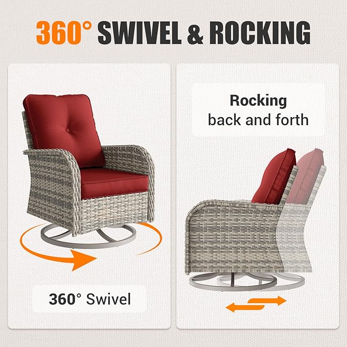 Patio Rocking Swivel Chair Outdoor Wicker Rattan Bistro Set with Tempered Glass Side Table, Outdoor Patio Furniture Set for Garden, Deck, and Balcony, Red