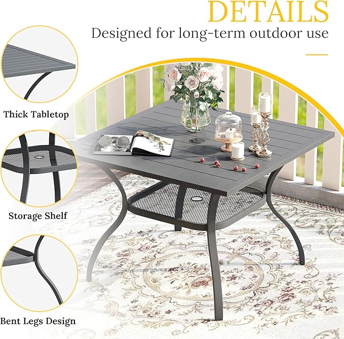 VICLLAX 5 Pieces Patio Dining Set for 4, Outdoor Furniture Set Includes 37.8" Square Outdoor Table and 4 Patio Swivel Chairs for Lawn Garden, Grey Tabletop and Grey Fabric