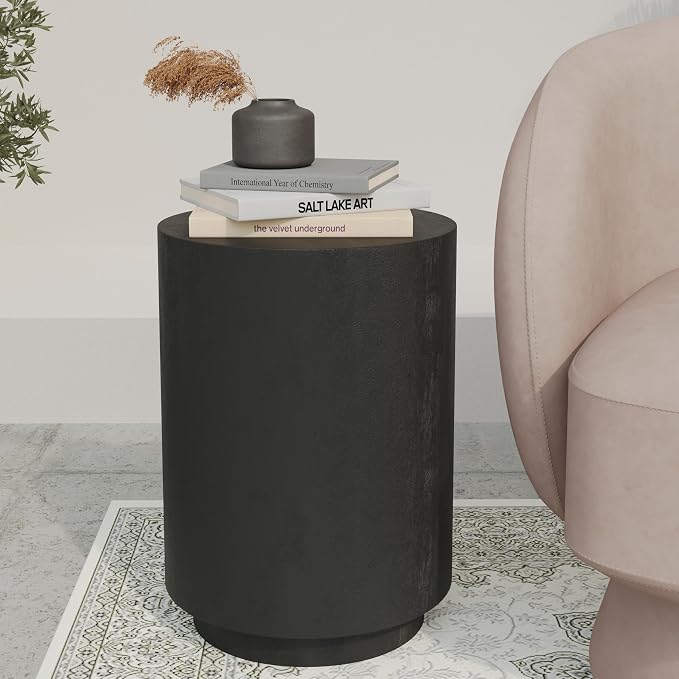 LeisureMod 14” Wide Round Side Table in Fiberstone with Travertine/Painted Finish Tapered Base Indoor and Outdoor Use for Modern Home, Living Room, Patio, Backyard Ramble Collection in Black