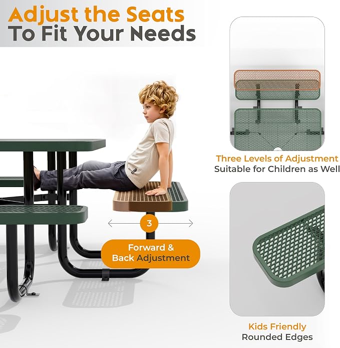 Square Metal Picnic Tables for Kids for Outdoors with Umbrella Hole, Adjustable Seats for School, Park, Playground (Green, 38 in, Kids, Square)