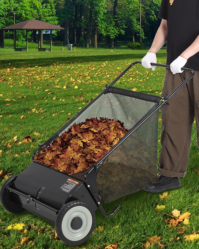 Takywep 26-Inch Push Lawn Sweeper, Anti-Rust Steel Frame, 4 High-Density Brushes, Adjustable Height, 7 Cu.Ft Collection Bag for Yard Debris (Black)