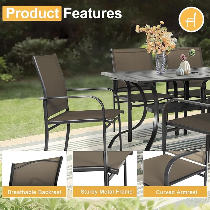 Crownland 7 Piece Patio Dining Set, Outdoor Textilene Dining Sets, 6 Textilene Metal Chairs and Rectangular Outdoor Dining Table with Dark Blue 9FT Round Outdoor Umbrella (Brown)