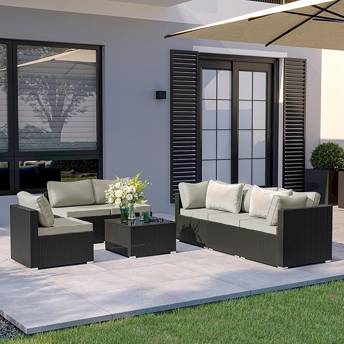 7-Piece Outdoor Patio Sectional Sofa Set – PE Wicker Rattan Conversation Furniture with Coffee Table, Cushions & Clips, Modular Patio Couch for Porch, Poolside, Backyard, Garden – Black Rattan