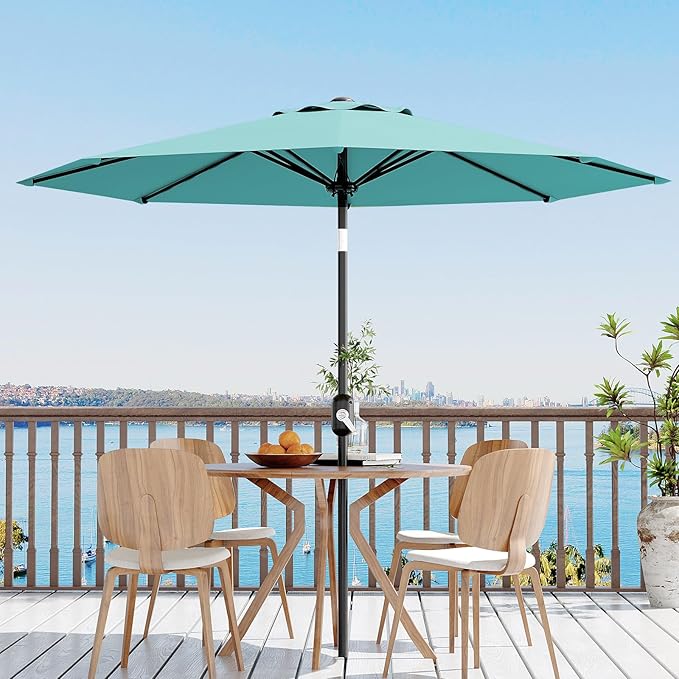 Garvee 9 ft Outdoor Patio Umbrella 8 Sturdy Ribs Outdoor Table Umbrella with Crank Lift & Push Button Tilt - UV Protection Waterproof Market Umbrellas for Pool, Deck, Yard, Garden, Lake Blue