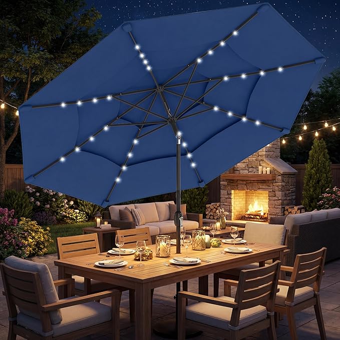 Outsunny 9.7 ft Outdoor Patio Umbrella with 32 Solar LED Lights, 3 Tier Outdoor Table Market Umbrella with Tilt and Crank, 8 Ribs for Garden, Deck, Yard, Poolside