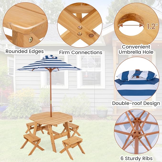 Costzon Kids Picnic Table, Fir Wood Octagon Kids Table and Chair Set with Removable Umbrella, Toddler Activity Table for Backyard, Garden, Patio, Kids Outdoor Furniture for Boys Girls (Natural)