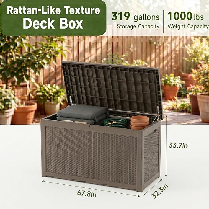 319 Gallon Extra Large Outdoor Storage Box, Waterproof Deck Box with Lockable Lid, Resin Outside Storage Box for Patio Furniture, Pool Accessories,Garden Tools, Storage Bench for Backyard, Gray Coffee