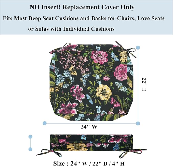 FUNHOME Outdoor Chair Cushion Covers 2 Pack, No Insert! Patio Cushion Covers Replacement 24" x 22" x 4", Water Resistant Patio Chair Cushion Slipcovers, Black Flower Butterfly(Covers ONLY)