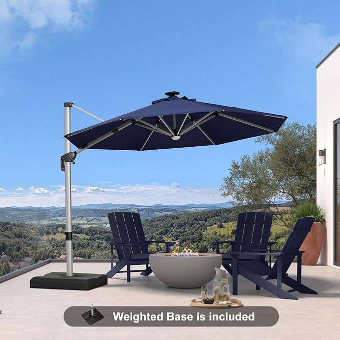 PURPLE LEAF Cantilever Umbrella with base 10ft Outdoor Round Patio Solar Powered LED Umbrella with 360-degree Rotation for Garden Deck Pool Patio, Navy Blue