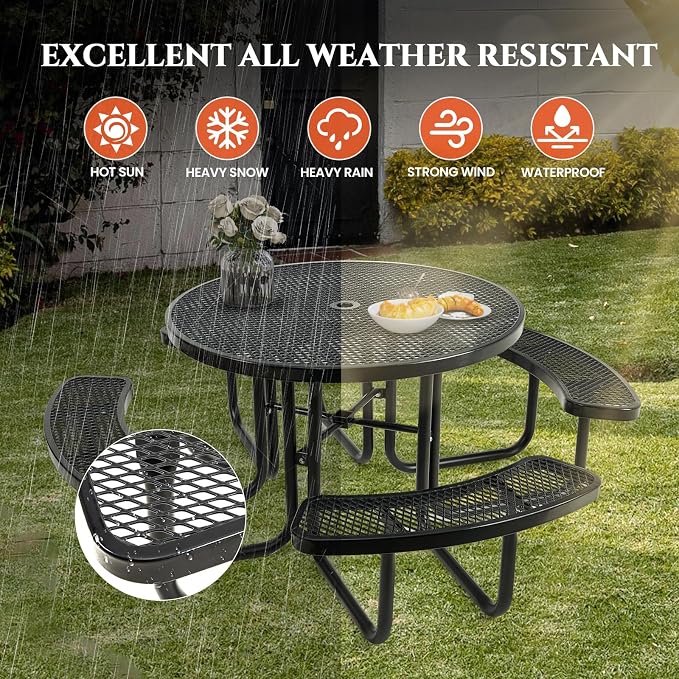 46IN Round Outdoor Picnic Table with Attached Seats, Heavy-Duty Metal Expanded Mesh Patio Table, 1600LBS Load Capacity Commercial-Grade Table for Park, Backyard, Deck, Black