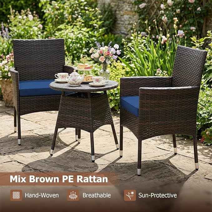 Tangkula 3 Piece Patio Furniture Set, Hand-Woven PE Wicker Conversation Set with Contoured Armchairs, Cushions & Round Coffee Table, Outside Bistro Set for Porch, Backyard, Balcony (Navy Blue)