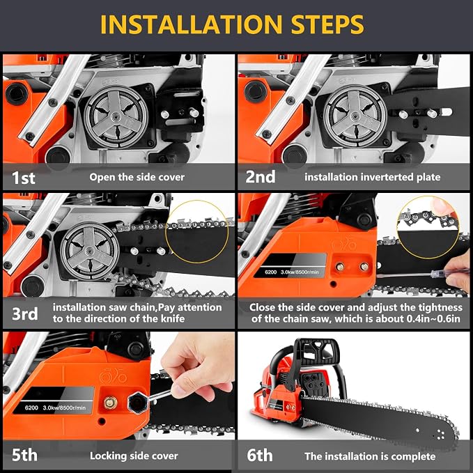 62CC Gas Powered Chainsaw with 20 Inch Bars, 3.5 HP 2-Stroke Engine for Wood Cutting, Tree Trimming and Farm Use, Gas Chainsaws with Non-Slip Handle, Carrying Bag & Tool Kit