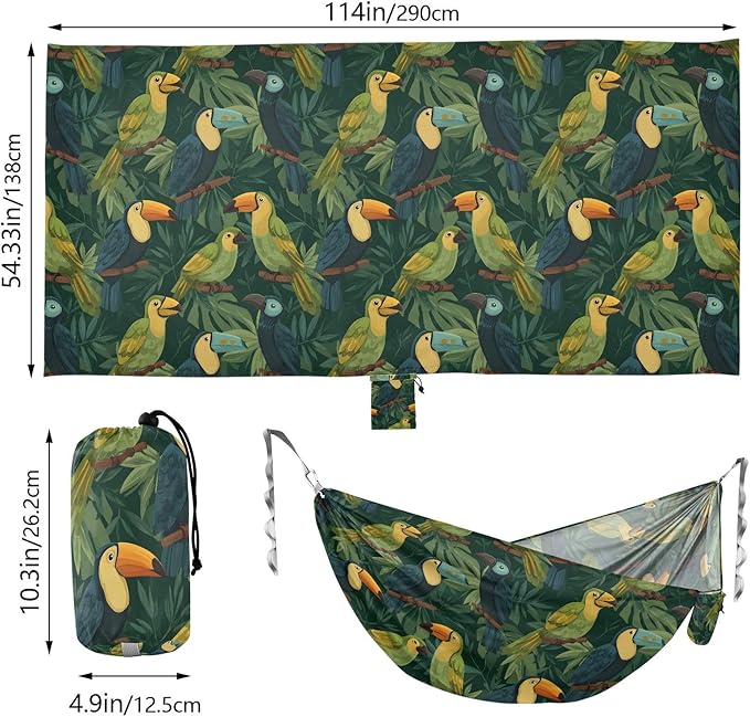 Camping Hammock Outdoor Hammocks for Outside Toucan Green Plant Beach Trees Portable Lightweight with Pockets Tree Straps Indoor