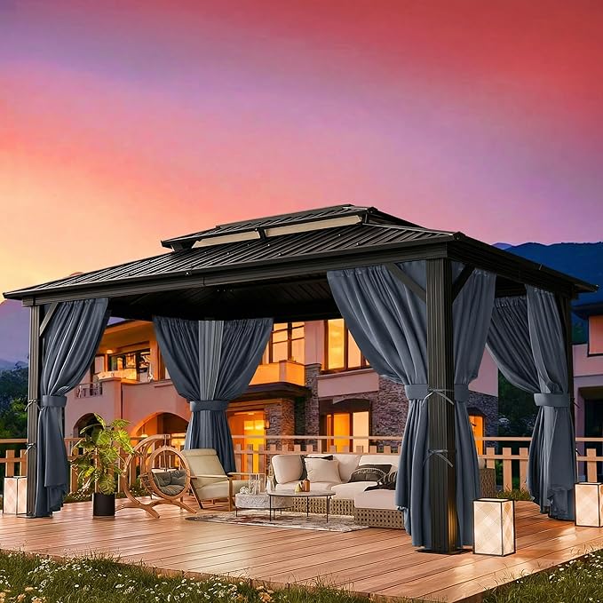 HOTEEL 10x12 Hardtop Gazebo on Clearance with Heavy Duty Galvanized Steel Double Metal roof,Aluminum Frame,Patio Hard Top Screened in Gazebo with Curtains,Outdoor Permanent Pavillon for Backyard,Gray