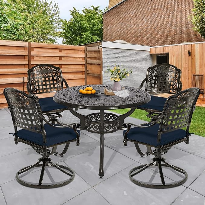 5 Piece Patio Dining Set, Outdoor Table and Chairs Set for 4 Cushioned Swivel Rocking Chairs and 38.5'' Round Table, All-Weather Cast Aluminum Patio Funiture Set, 2'' Umbrella Hole, Navy