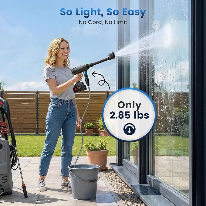 Cordless Portable Washer, 600PSI Portable 3000mAh Cleaner with 6-in-1 Nozzle & 2 Batteries and Shut-Off Valve Garden Hose Adapter for Watering, Cleaning, Car, Floor Wall Fence Cleaning