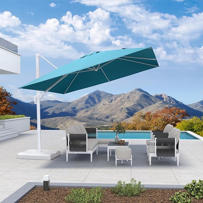 PURPLE LEAF 10 FT Patio Umbrella White Cantilever Umbrella Aluminum Square Outdoor Offset Umbrella Hanging Windproof with 360° Rotation for Garden Deck Pool, Turquoise