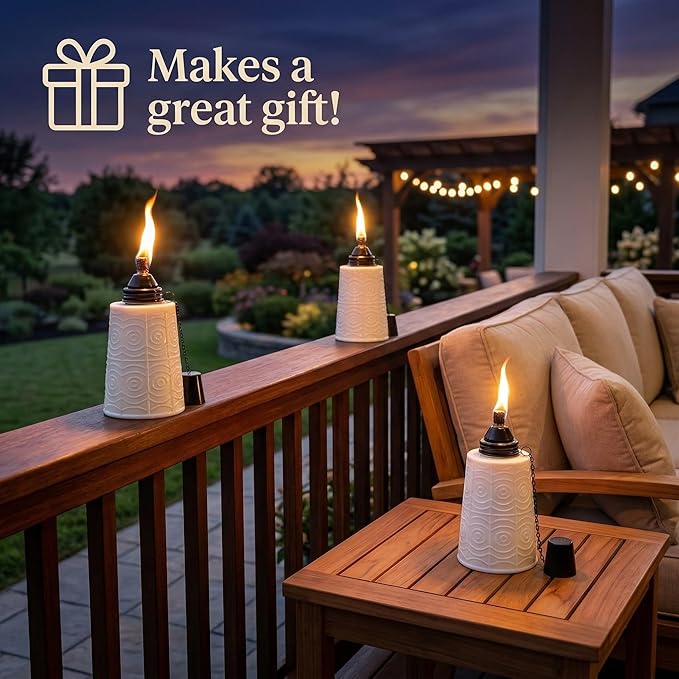 Seraphic Citronella Table Top Torches for Outdoor Patio, 16oz Decorative Glass Torch Citronella Candles for Outside Deck, Garden, Parties, Set of 3, White