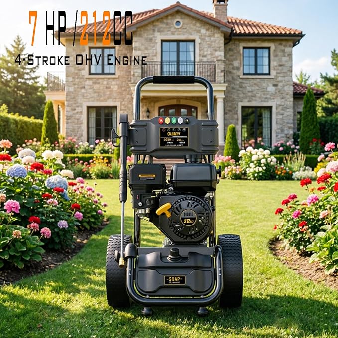 Gas Pressure Washer, 3500 PSI &2.6 GPM Power Washer, 30 ft Hose&Soap Container, 5 Adjustable Nozzles, Cleaning for Driveway/Concrete/Vinyl Fencing, CARB&EPA CERT
