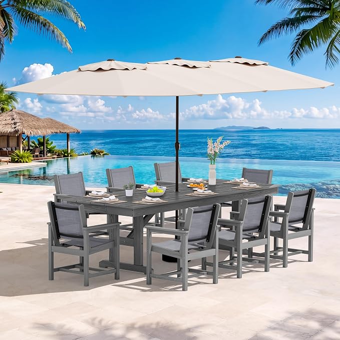 SERWALL 10 Piece Outdoor Dining Set with 15ft Triple-Head Foldable Umbrella(Based not Included), 84" HDPE Outdoor Large Table and Textilene Sling Chairs for 8, Gray