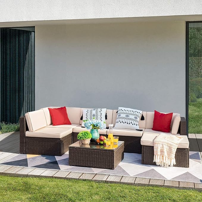 Devoko 7 Pieces Patio Furniture Sets All-Weather Outdoor Sectional Sofa Manual Weaving Wicker Rattan Patio Conversation Set with Cushion and Glass Table (Beige)
