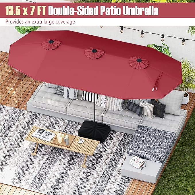 Tangkula 13FT Double-sided Patio Umbrella, Extra Large Twin Table Umbrella with Crank Handle, Umbrella Base, Safety Lock, Air Vent, Outdoor Market Umbrella for Garden Pool Backyard (Burgundy)