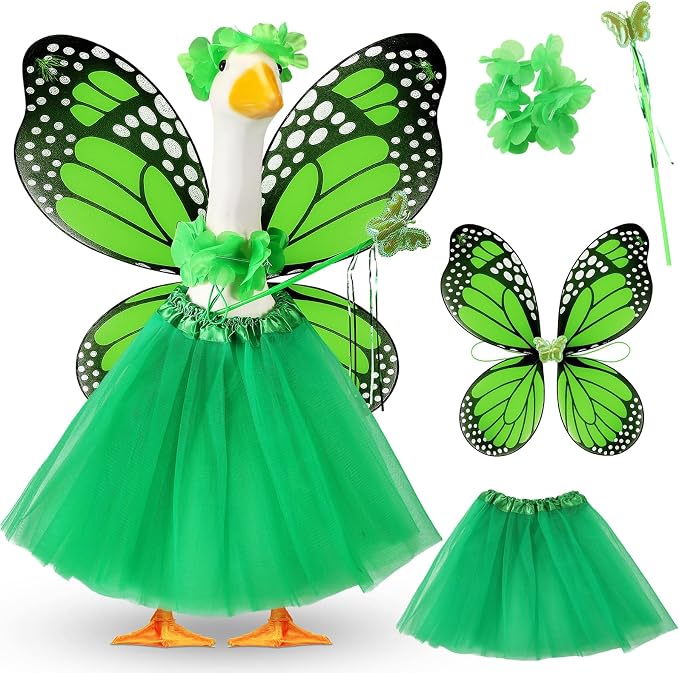 5pcs Butterfly Porch Goose Outfit Costume Tutu Skirt Butterfly Wing Wand Flower Crown for 17‘' 23‘' Cement Goose