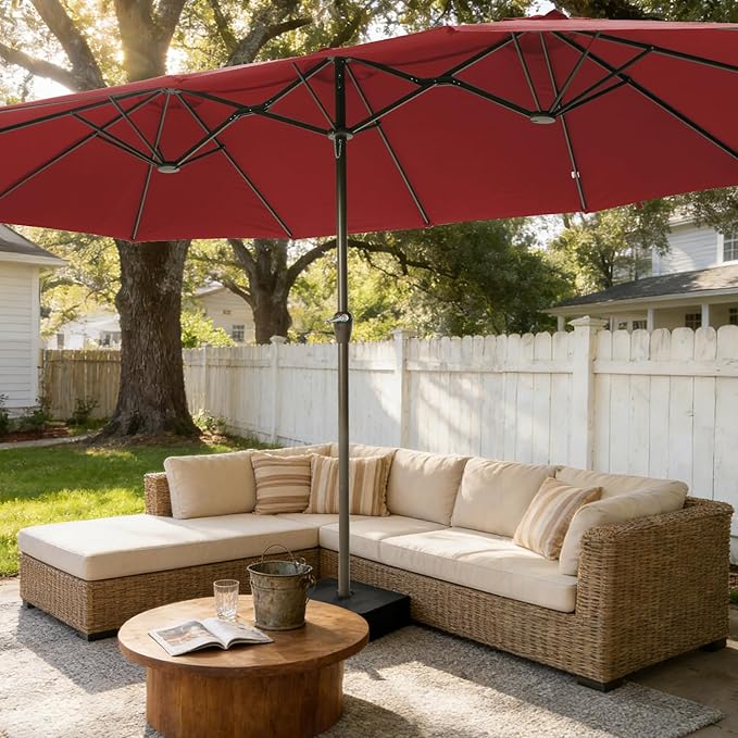 15FT Large Patio Umbrellas with Base Included, Outdoor Double-Sided Rectangle Big Market Umbrella with Stand, Outside Umbrellas for Poolside Lawn Backyard,Red