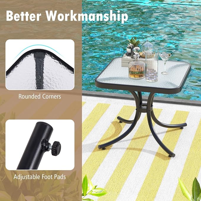 HAPPYGRILL Outdoor Side Table Set of 2, Square Patio End Table with Tempered Glass Top, 20" Bistro Table with Metal Frame, Small Compact Coffee Table for Garden Backyard Poolside