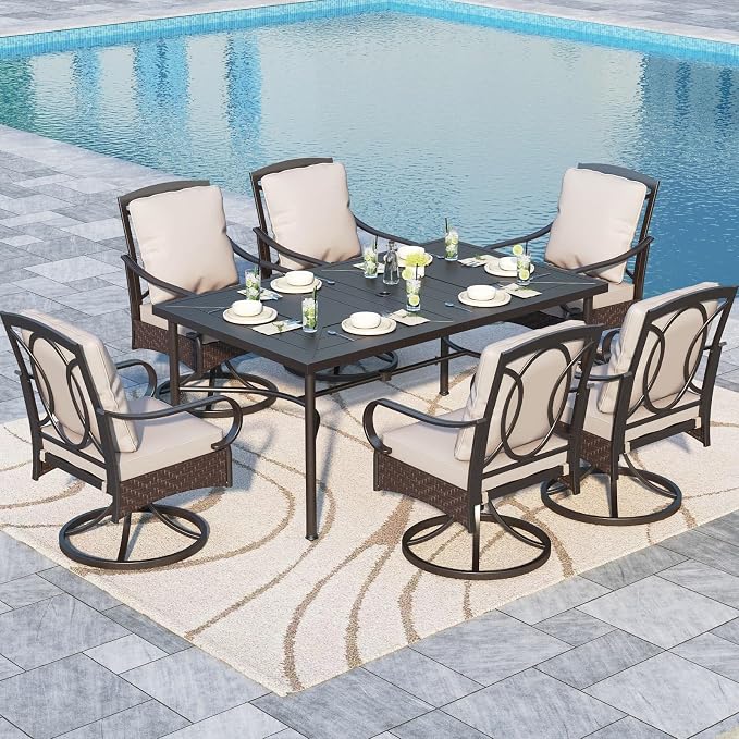 Sophia & William Patio Dining Set 7 Piece Outdoor Table Furniture Set - 6 Padded Outdoor Swivel Dining Chairs and 64" X 39" Rectangular Metal Table with Umbrella Hole for Garden Deck