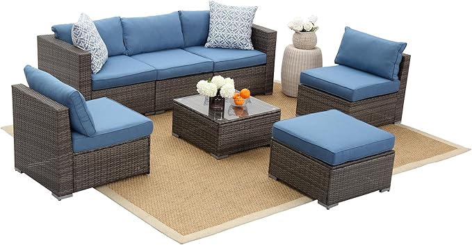Wisteria Lane 7 Pieces Patio Furniture Sets, Outdoor Sectional Sofa with Tempered Glass Coffee Table, PE Rattan Wicker Patio Conversation Set with Ottoman and Cushions, Blue