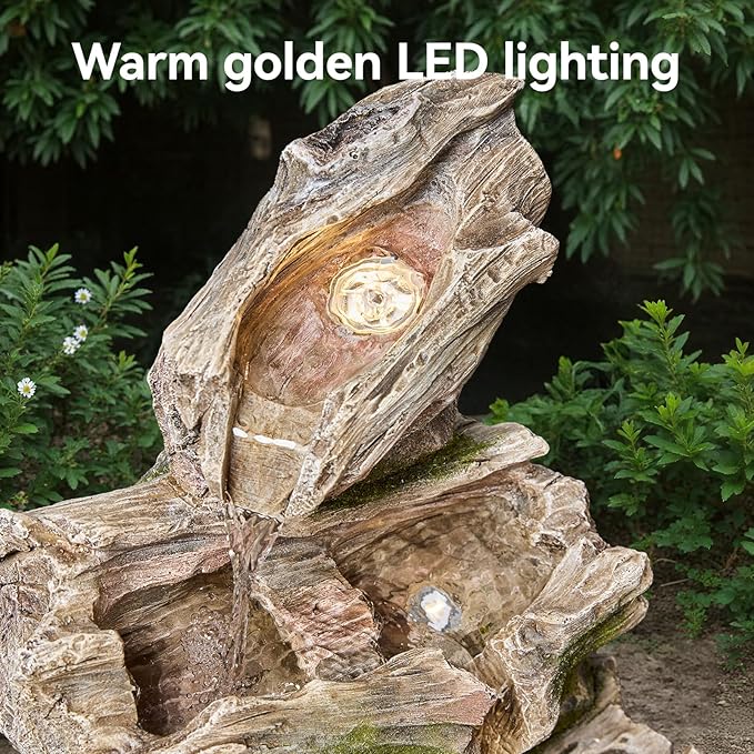 20-Inch Outdoor Water Fountain, 3-Tier Cascading Faux Wood Tree Trunk Resin Waterfall Fountain with 3 Warm LED Lights, Water Feature Decor for Garden, Yard, Patio, Deck, Porch or Lawn in Gray